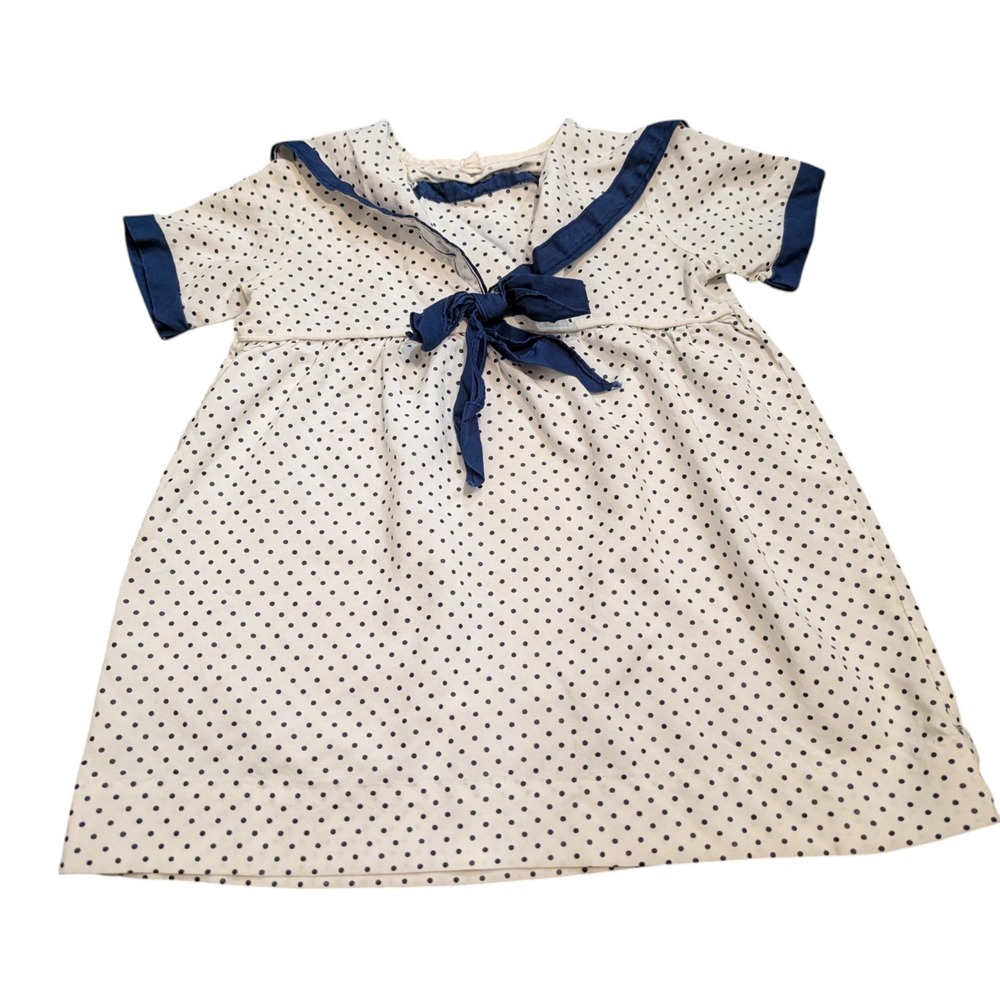 Vintage 80s Lil Airess Girls Sailor Dress Size 6 Polka Dot Navy White ILGWU